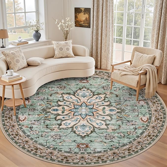 Round Area Rug for Living Room: 8 ft Washable Vintage Boho Soft Thin Circle Rug Indoor Floor No Slip Stain Resistant Carpet for Bedroom Dining Room Farmhouse Nursery Home Office - Brown Green