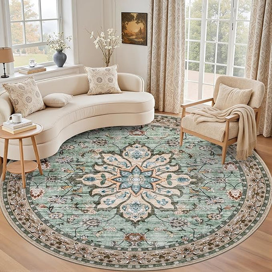 Round Area Rug for Living Room: 8 ft Washable Vintage Boho Soft Thin Circle Rug Indoor Floor No Slip Stain Resistant Carpet for Bedroom Dining Room Farmhouse Nursery Home Office - Brown Green