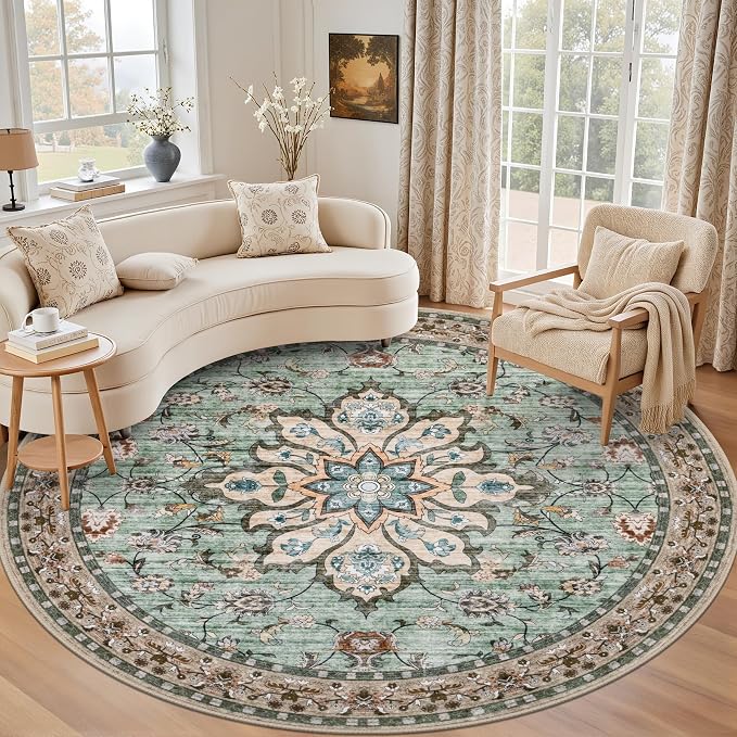 Round Area Rug for Living Room: 4 ft Washable Vintage Boho Soft Thin Circle Rug Indoor Floor No Slip Stain Resistant Carpet for Bedroom Dining Room Farmhouse Nursery Home Office - Brown Green