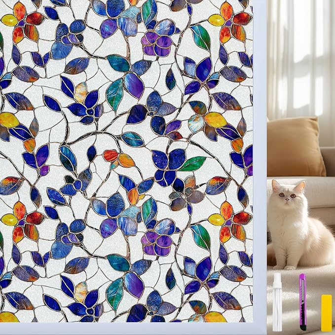 COUNTEWOL Window Privacy Film with Installation Tools Home Decorative Colored Glass Window Stickers Reusable electrostatic Rainbow Stickers (Frosted Stained Leaf, 23.6 x 78.7 in)