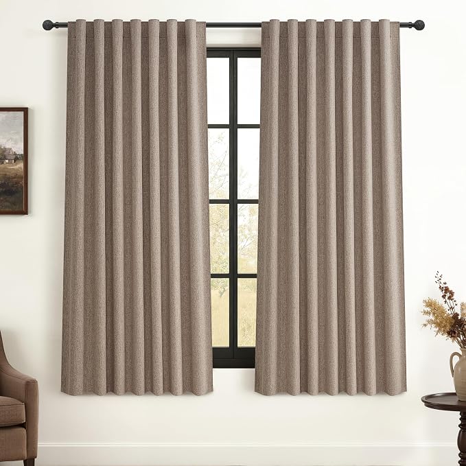 QJmydeco Dark Flax Blackout Linen Small Curtains 54 Inches Long for Bay Window 2 Panels Set, Short Pleated Heavy Brown Rustic Room Darkening Curtain for Winter Drapes Thermal Insulated (50" Wx54 L)
