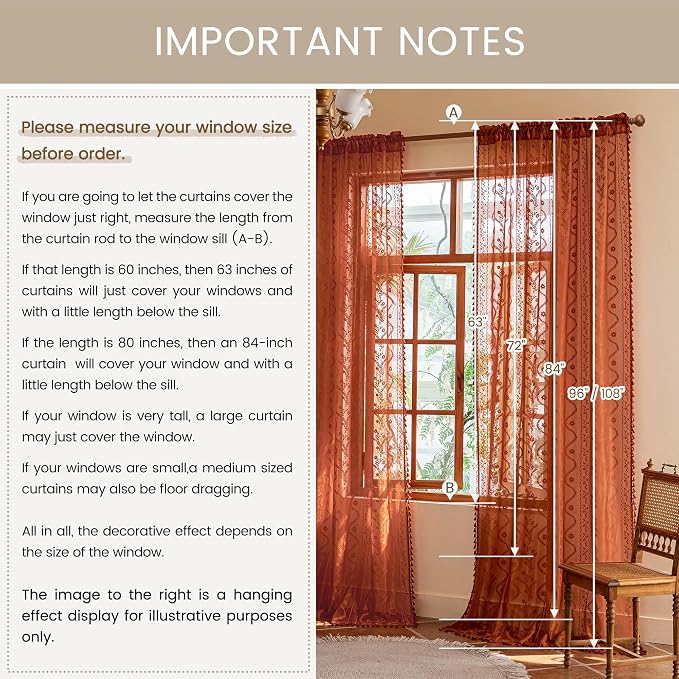 WAZZIO Boho Lace Curtains 108 Inch 2 Panels-Vintage Sheer Panel Drape Floral Pattern & Tassel Light Filtering Privacy for Bedroom Dining Living Room,Cottage Earthy Full Decor Terracotta,W52 x 108L