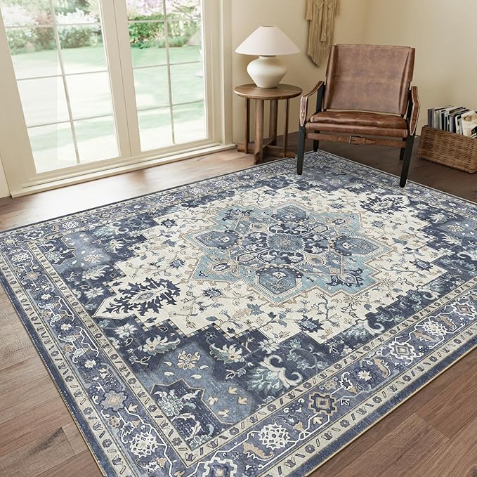 GENIMO 5x7 Area Rugs for Living Room, Machine Washable Non Slip Vintage Rugs, Low Pile Lightweight Print Rug for Bedroom, Dining Room, Home Office, Center Blue