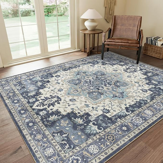 GENIMO 5x7 Area Rugs for Living Room, Machine Washable Non Slip Vintage Rugs, Low Pile Lightweight Chenille Print Rug for Bedroom, Dining Room, Home Office, Center Blue