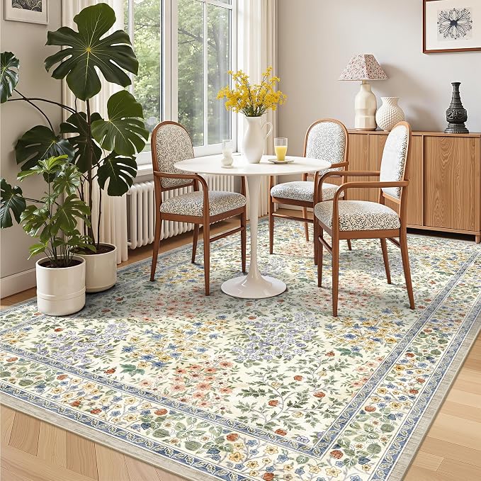 5x7 Area Rugs, Vintage Washable Rug for Bedroom, Indoor Non-Slip Rugs for Living Room, Dining Room, Low Pile Home Decor Floral Rug(Beige Floral)