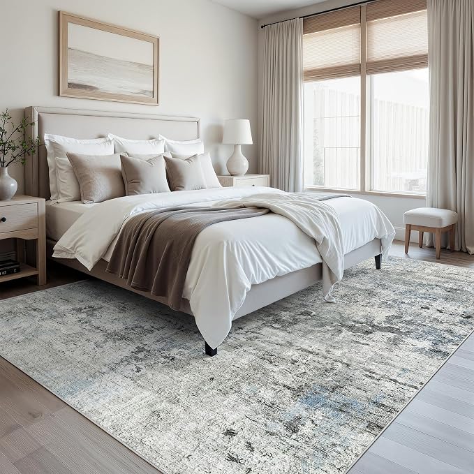 Soalmost Abstract Rug 8x10 Large Living Room Rugs Neutral Modern Washable Area Rugs for Bedroom Dining Room Non-Slip Stain Resistant Foldable Thin Rug Gray Blue