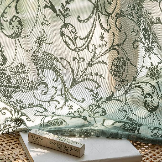 TUDECO Olive Green Sheer Curtains 84 Inch Long - Rustic Country Green Lace Curtains for Living Room Tulle Floral Ruffle Privacy Spring Decor Light Filtering 2 Panels, 59 x 84 Inch