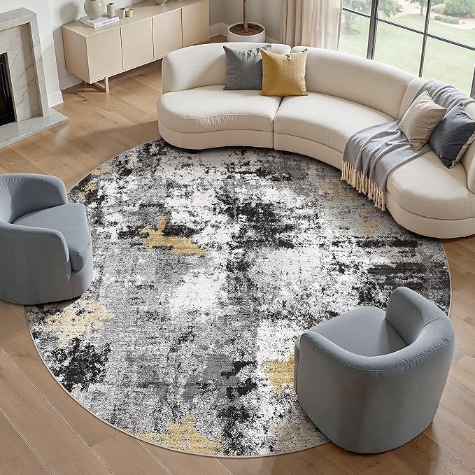 Abstract 10FT Round Rug: Machine Washable Non Slip Ultra Thin Low-Pile Carpet, Soft Stain Resistant for Living Dining Room Bedroom, Kid Pet Friendly, Robot Vacuum Compatible - Black Gold