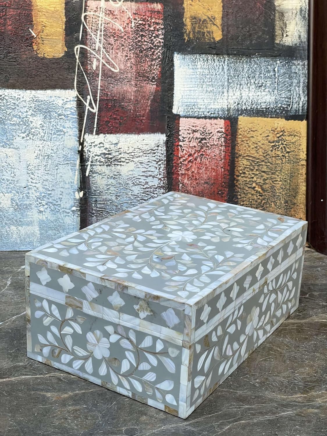 Decorative Wooden Storage Box with Mother of Pearl Inlay – Elegant Floral Design – Perfect for Home Décor in Living Room, Dining Area, or Bedroom (Grey, 12x8x5 inches)
