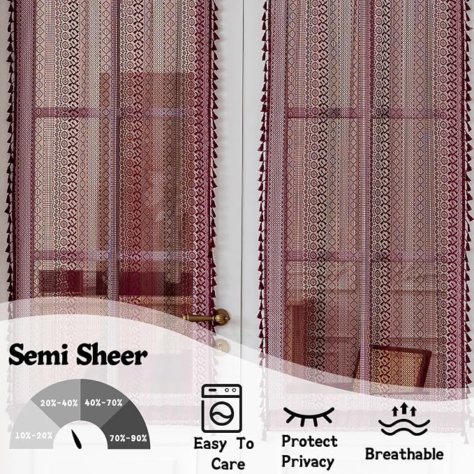 Sutuo Home Burgundy French Door Curtains for Front Door Glass & Sidelights, Farmhouse Light Filtering Bohemian Tassels Vintage Privacy Red Drapes for Window, Rod Pocket 2 Panels 25" W x 72" L