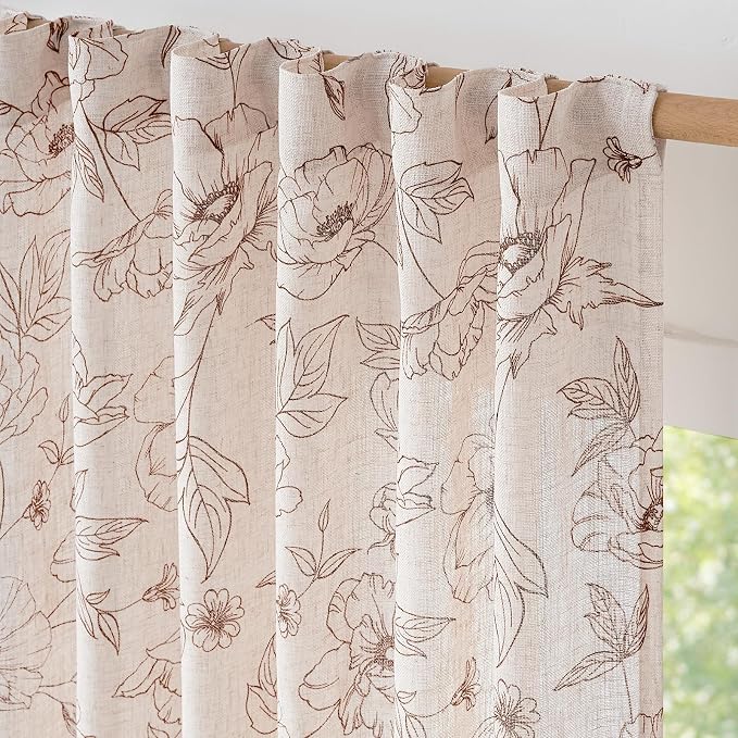 jinchan Floral Linen Curtains for Living Room 96 Inch Length Brown Flower Curtain Rod Pocket Back Tab Farmhouse Curtains with Printed Floral Bedroom Window Curtain Set, 2 Panels Brown