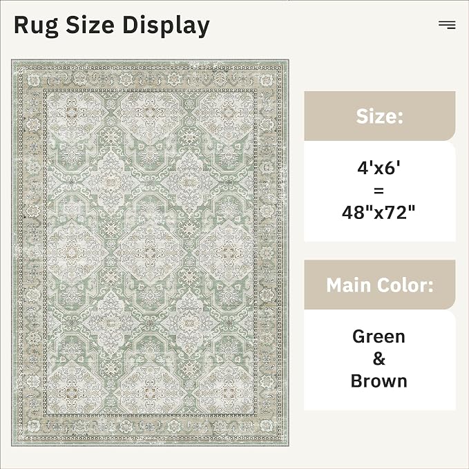 Soalmost 4x6 Area Rugs for Living Room, Vintage Washable Rugs for Dining Room, Bedroom, Home Office Decor, Non-Slip Green/Brown Carpet Thin Rug
