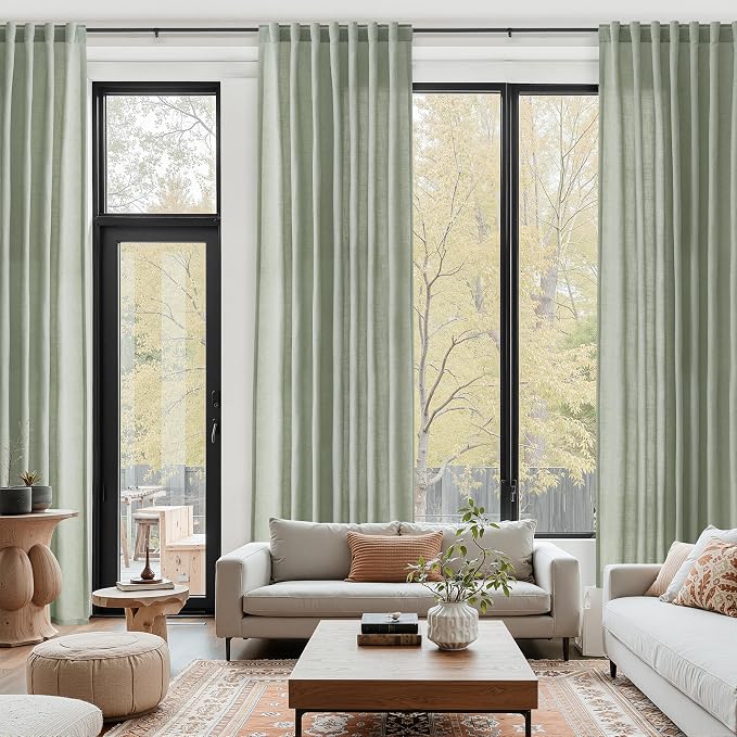 Desert Sage Linen Curtains 132 Inch Length for Living Room Light Filtering Semi Sheer Curtain Back Tab Rustic Farmhouse Decor Elegant Drapes Floor to Ceiling High Window for Bedroom 52x132, 2 Panels