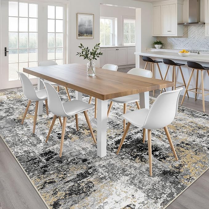 8x10 Area Rugs Living Room: Washable Large Abstract Neutral Modern Soft Rug Stain Resistant Indoor Floor Non-Slip Accent Carpet for Bedroom Nursery Playroom Dining Room Office Dorm Home- Black Gold