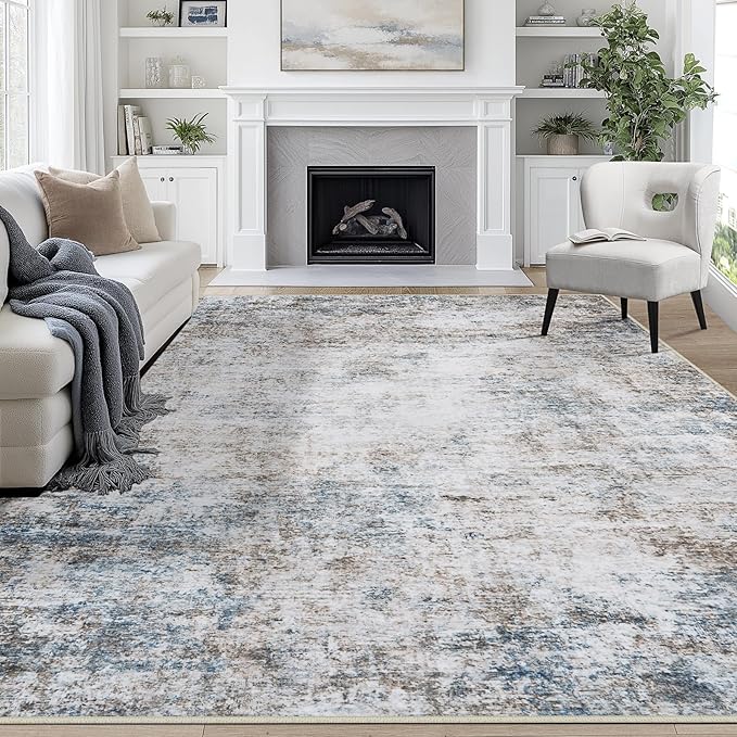 8x10 Area Rugs for Living Room Rug Washable: Abstract Large Rug for Dining Room Bedroom Carpet Non Slip 8 by 10 Indoor Modern Nursery Home Office White Brown Blue
