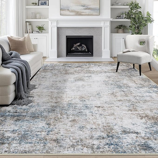 9x12 Area Rugs for Living Room Rug Washable: Abstract Large Rug for Dining Room Bedroom Carpet Non Slip 9 by 12 Indoor Modern Nursery Home Office White Brown Blue