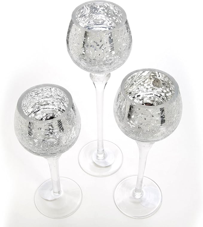 Hosley Set of 3 Crackle Metallic Glass Tealight Holders 12 Inch, 10 Inch, 9 Inch Elegant Home Decor for Ambient Lighting and Stylish Centerpieces and Gift