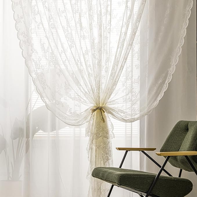 Sutuo Home Ivory Lace Curtains Set of 2, Sheer Panels 72 Inch Length Floral Embroidery Vintage Voile Window Treatment Pair for Bedroom Living Room Kitchen, Shabby Chic Decor Rod Pocket, W57 x L72