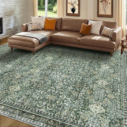 Sasttie 8x10 Area Rugs, Ultra-Soft Washable Rug, Low Pile Foldable Thin Carpets with Non-Slip Backing, Skin-Friendly Stain Resistant Carpet for Living Room, Bedroom, Kitchen, Dorm, 8x10, Dark Green