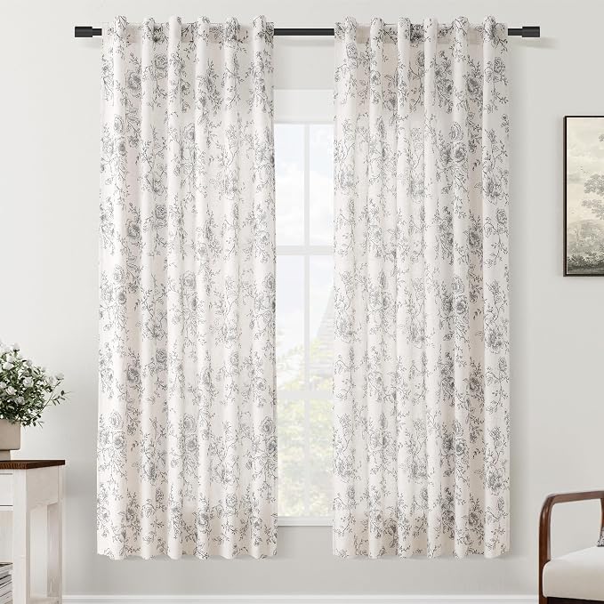 Floral Linen Curtains 80 inch length 2 panels for Dining Room Neutral Cream Black Pattern Printed Curtains Living Room Back Tab Semi Sheer Drapes Vintage Farmhouse French Country Curtain for Bedroom