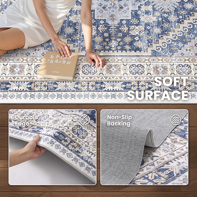zesthome 2x8 Runner Rug, Washable Runners for Hallways with Rubber Backing, Stain Resistant Kitchen Rug, Soft Thin Carpet Runner for Entrance, Bedroom, Living Room Indoor(Blue/Beige,2'x8')