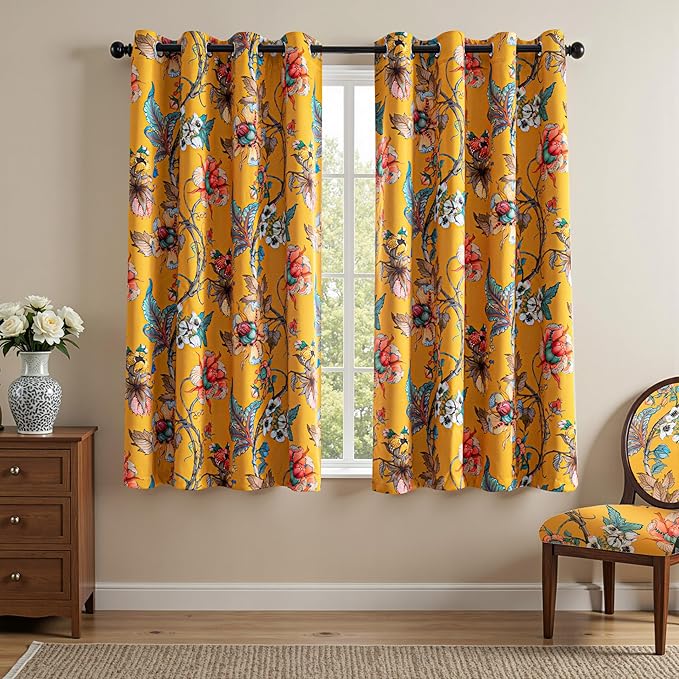 MYSKY HOME Floral 95% Blackout Curtains 54 Inches Long Thermal Insulated Light Blocking Drapes Grommet Country Coquette Window Panels, 2 Pcs, 52" Wide, Yellow