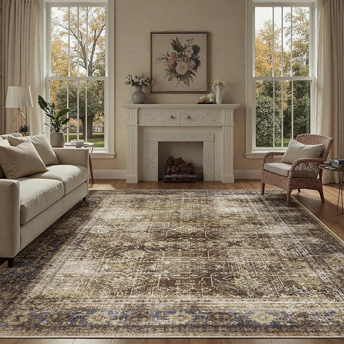 DCX Washable 8x10, Kid & Pet Friendly with Rubber Back Non Slip, Stain Resistant Vintage Rug for Living Room, Bedroom, Home Office, Soft Low Pile Large Farmhouse Distressed Carpet, Brickred