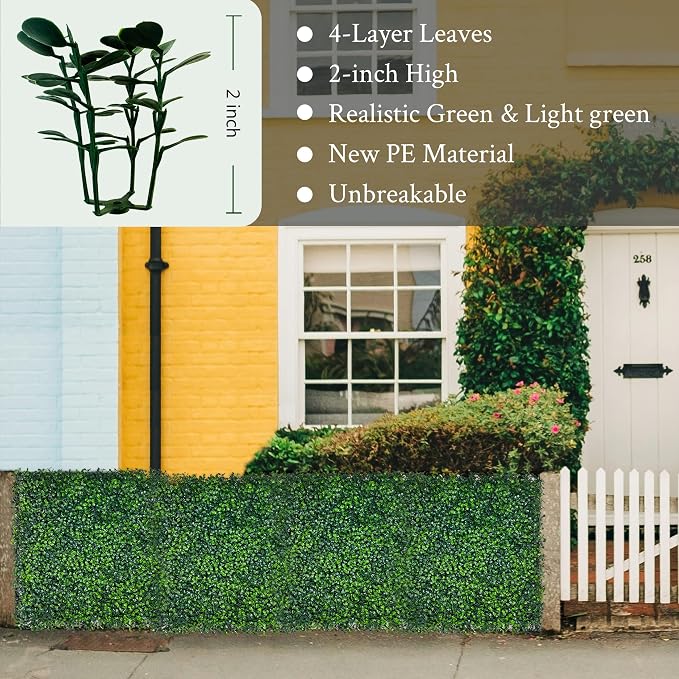 Artificial Grass Wall Panel,10"x 10"(8P) 4-Layer Leaf UV-Anti Greenery Faux Boxwood for Indoor,Outdoor Patio Balcony Privacy & Ivy Fence Covering Privacy, Garden, Backyard Wall Backdrop Decor