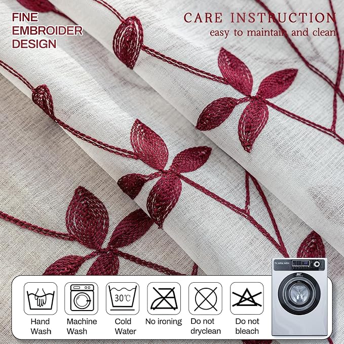 AmHoo 2 Panels Embroidered Leaf Pattern Semi Sheer Curtains Foliage Floral Voile Window Draperies Treatment for Bedroom Living Room Rod Pocket White Burgundy 53 x 84 Inch