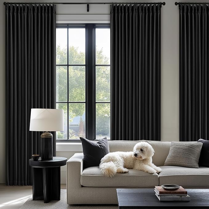 Neutral Black Linen Pinch Pleated Blackout Curtains 108 Inches Long for Bedroom Pleated 100% Black Out Drapes with Liner Black Farmhouse Modern Extra Long 108 Inch Curtain for Living Dining Room