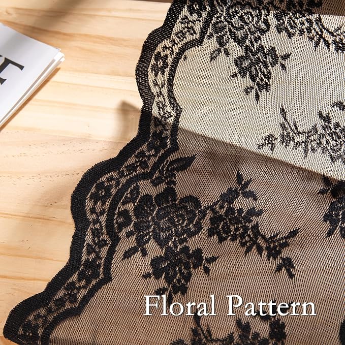 MEETSKY Black Lace Curtains 63 Inch Length 2 Panels Set Victorian Vintage Gothic Sheer Light Filtering Rod Pocket Drapes for Halloween Decor, 50" Wide Each Panel