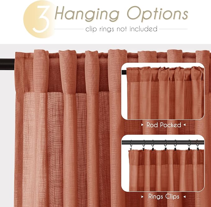 84 inch Linen Terracotta Curtains 2 Panels for Living Room Back Tab Light Filtering Semi Sheer Rust Colored Curtains 84 inches Long Soft Thick Cotton Cloth Textured Rustic Boho Farmhouse Room Decor
