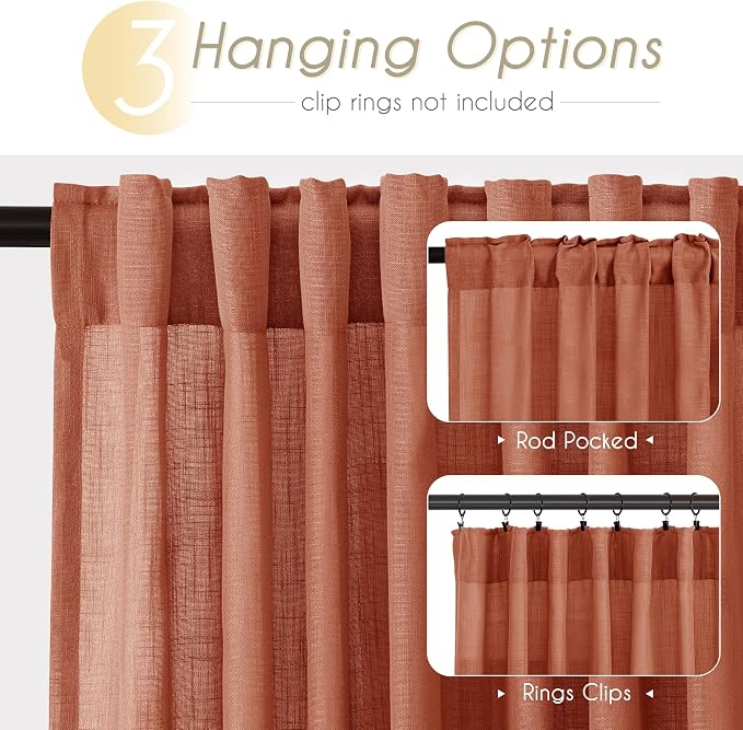 120 inch Linen Terracotta Curtains 2 Panels for Living Room Back Tab Light Filtering Semi Sheer Rust Colored Curtains 120 inches Long Soft Thick Cotton Cloth Textured Rustic Boho Farmhouse Room Decor