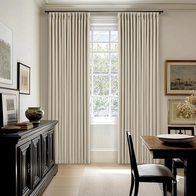 102 Inch Blackout Linen Pleated Curtains for Bedroom Living Room Darkening Pinch Pleat 100% Black Out Thermal Insulated Window Drapes Double Layer Oatmeal Beige 102 Inches Long Curtains 2 Panels Set