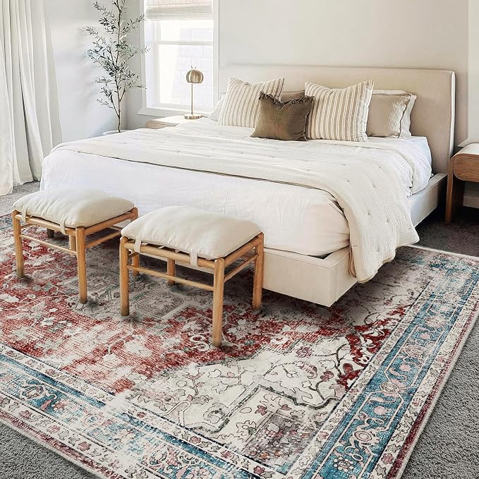 CHAMPLANT Washable Area Rug 8'x10' Red Blue Retro Boho Design Non-Shedding Non-Slip Easy Care Ideal for High Traffic Areas in Living Room Bedroom Office Coffee Table Kitchen Large Carpet