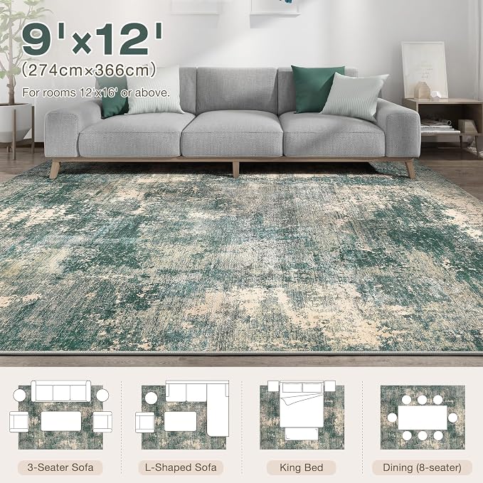 Abstract 9x12 Area Rug: Machine Washable Non Slip Ultra Thin Low-Pile Carpet, Soft Stain Resistant for Living Dining Room Bedroom, Kid Pet Friendly, Robot Vacuum Compatible - Dark Green/Beige