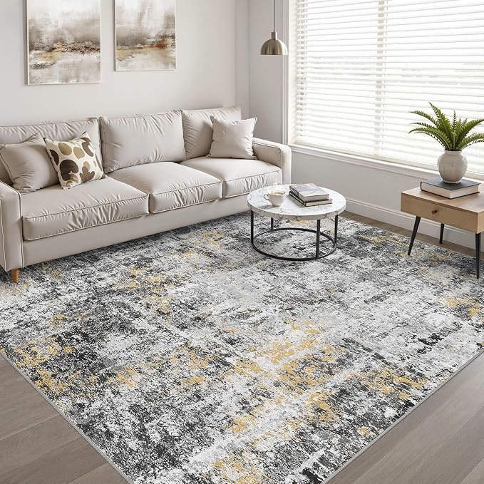 7x9 Area Rug Living Room: Washable Large Neutral Rug Abstract Soft Modern Stain Resistant Indoor Floor Non-Slip Carpet for Bedroom Nursery Kids Office Playroom Dining Room Under Table- Black Gold