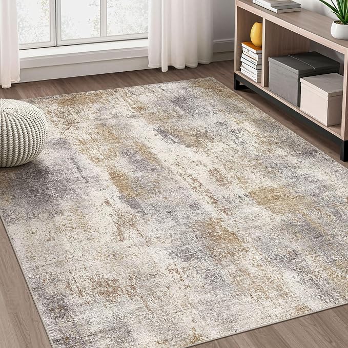 DMOYEST Area Rug Living Room Rugs - 5x7 Washable Soft Indoor Neutral Modern Abstract Low Pile Rug Carpet for Bedroom Dining Room Farmhouse Home Office - Brown Grey