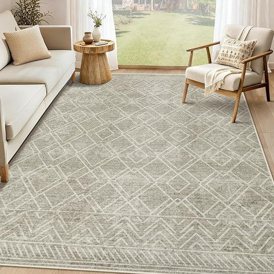 Area Rugs 5x7 Living Room Rug: Washable Geometric Moroccan Neutral Rugs Boho Modern Non Slip Area Rug Soft Indoor Floor Low Pile Carpet for Bedroom Nursery Dining Room Home Office (Brown, 5'x7')