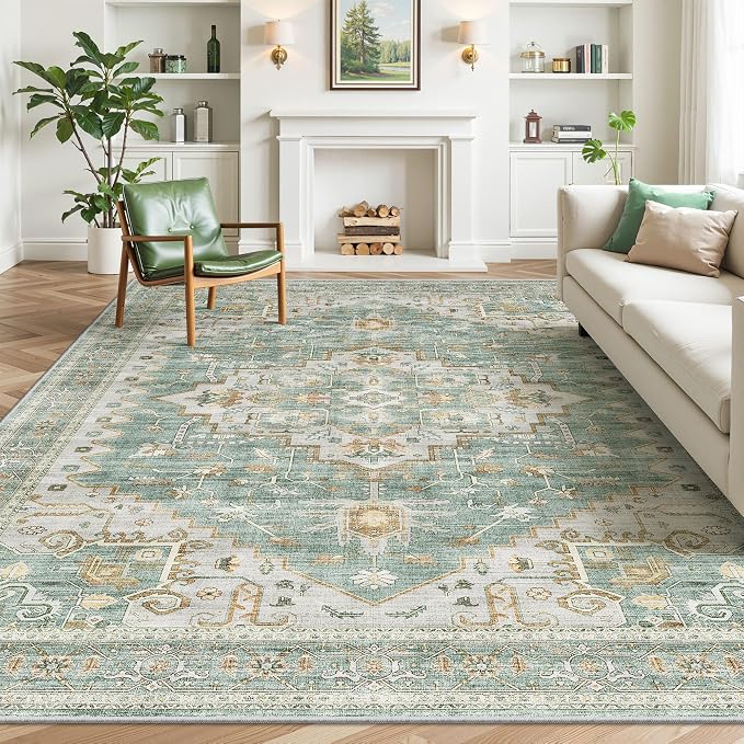 Area Rugs for Living Room - 6x9, Boho Non-Slip Low Pile Carpet Machine Washable Rugs for Bedroom, Farmhouse, Office, Dining Room (Green)