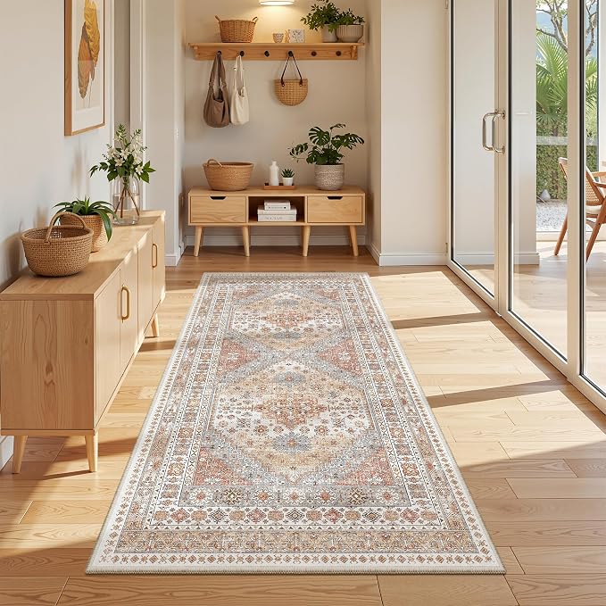 zesthome 3x6 Runner Rug Non Slip, Thin Entryway Washable Rug for Entryway, Runners for Hallways, Low Pile Vintage Abstract Soft Rugs for Living Room, Kitchen, Bedroom(Orange,3'x6')