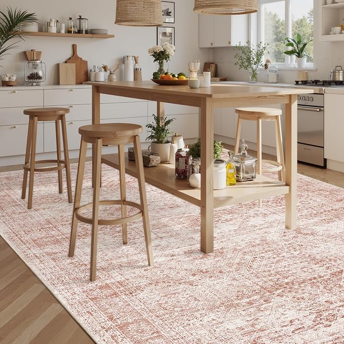 Soalmost Washable Area Rug 8x10, Large Soft Rugs for Living Room Vintage Area Rugs for Bedroom Dining Room Non-Slip Stain Resistant Pink Under Table Rug