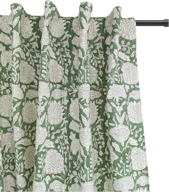ATOSII 100% Cotton Single Panel Floral Block Print Curtain, Easy Hanging with Rod Pocket & Loop, Living Room, Dining Room, Bedroom Light Filtering Boho Curtains, Set of 1, 60" W X 108" L, Jade Green