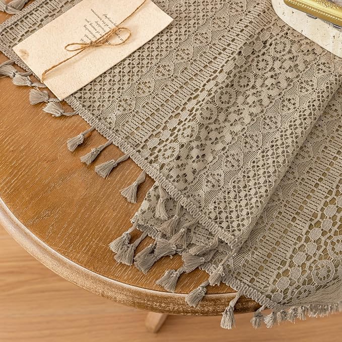 WAZZIO Boho Lace Curtains 45 Inches 2 Panel,Light Filtering Privacy Tassel & Geometry Crochet Semi Sheer Curtain Drapes for Bedroom Living Dining Room,Rod Pocket & Tassel,Earthy Color Taupe