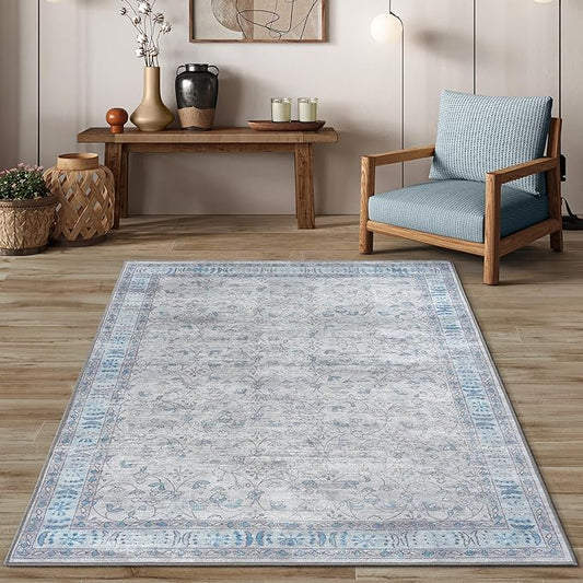 Gray Oushak Area Rug 4x6 - Washable Vintage Turkish Floor Cover Foldable Thin Throw Rugs Carpet Floral Pastel Area Rugs for Living Kids Room, Dining, Bedroom, Office, Entryway, Foyer, Nursery
