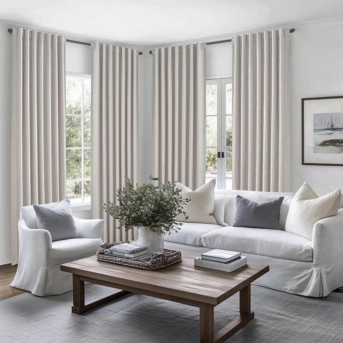 Blackout Extra Long Curtains & Drapes 105 Inches Long 2 Panels Set, Lush Pinch Pleated Natural Melange Flax Linen Textured 106 inch Large Windows Drapes with Pin Hooks&Back Tab Curtain (50"Wx105"L)