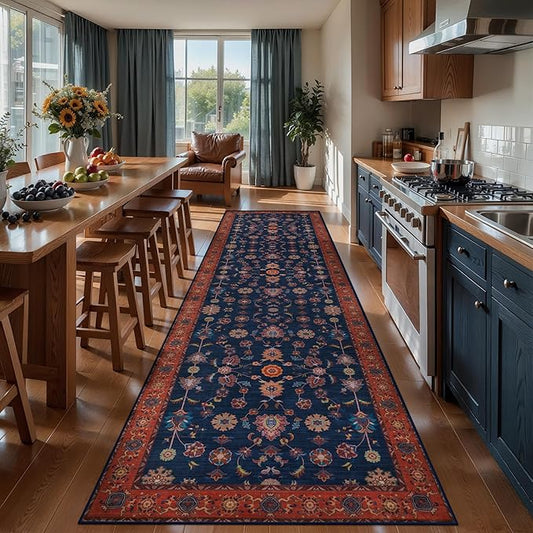 Tangsoo 3x10 Washable Runner Rug for Hallway Non Slip, Boho Floral Vintage Red Blue Carpet Long Runner Rugs for Entryway Kitchen, Floor Low Pile 36 x 96 Runners for Laundry Bedroom Alfombra Farmhouse