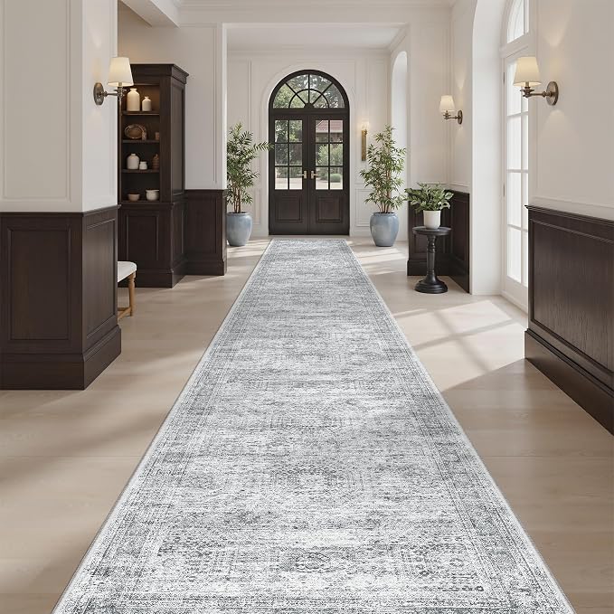 Soalmost Runner Rug 2'6" x 14' Washable Non-Slip Runner Rugs for Kitchen Bathroom Laundry Room Vintage Ultra Thin Runners for Hallway Entryway Grey