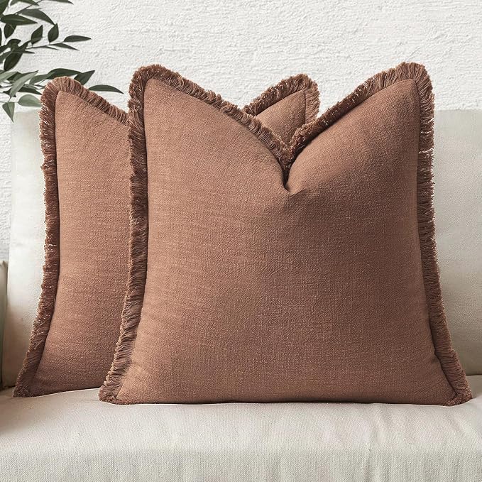 MIULEE Decorative Throw Pillow Covers Neutral Linen Fringe Throw Pillows Set of 2 Brick Boho Farmhouse Cushion Covers with Tassels for Couch Sofa Bed Living Room Fall Home Decor 20x20 Inch