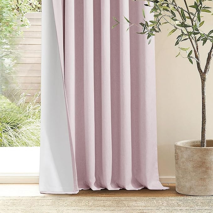 Light Pink Linen 63 Inch Length Blackout Curtains Pinch Pleated Drapes Back Tab 100% Black Out Short Room Darkening Pinch Pleat Curtains with Hooks Rings for Small Girls Bedroom Nursery Blush